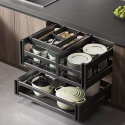Simplify kitchen organization with versatile drawer space for dishes and a functional kitchen cabinet