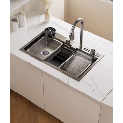 Large, single-slot, multifunctional vegetable basin for the kitchen in stainless steel