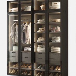 Modern minimalist wardrobe, Scandinavian double door wardrobe, glass door wardrobe, combination top cabinet with light