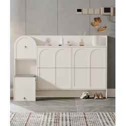 Cream-style ultra-thin shoe cabinet for narrow corridors slim cabinet with stool high quality texture unique arched doors design