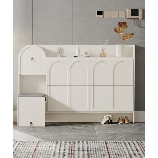 Cream-style ultra-thin shoe cabinet for narrow corridors slim cabinet with stool high quality texture unique arched doors design