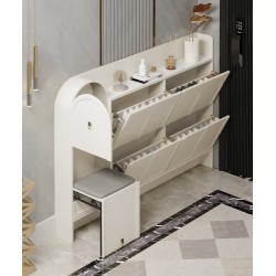 Cream-style ultra-thin shoe cabinet for narrow corridors slim cabinet with stool high quality texture unique arched doors design