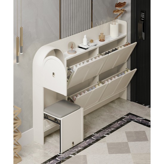 Cream-style ultra-thin shoe cabinet for narrow corridors slim cabinet with stool high quality texture unique arched doors design
