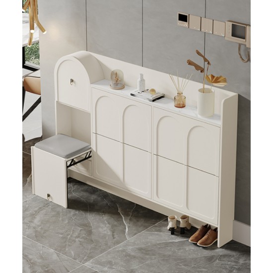 Cream-style ultra-thin shoe cabinet for narrow corridors slim cabinet with stool high quality texture unique arched doors design