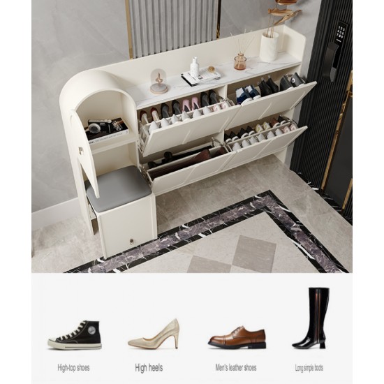 Cream-style ultra-thin shoe cabinet for narrow corridors slim cabinet with stool high quality texture unique arched doors design