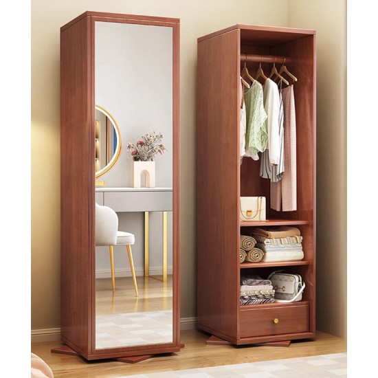 Dressing mirror, solid wood full body mirror, rotatable home floor mirror, mirror with hanging storage cabinet for bedroom