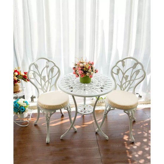 A sleek aluminum small table and chair combination that is the perfect addition to your patio or garden
