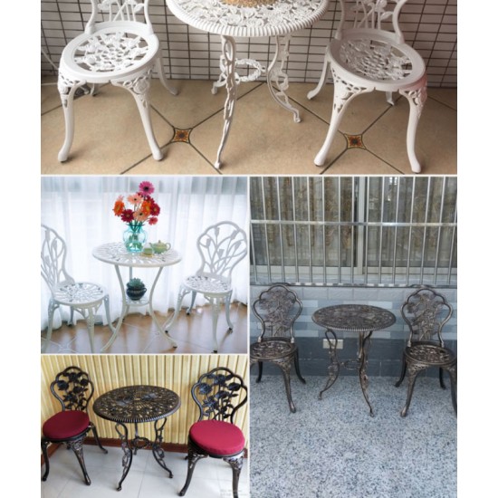 A sleek aluminum small table and chair combination that is the perfect addition to your patio or garden