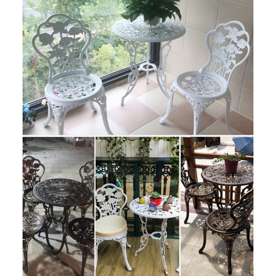 A sleek aluminum small table and chair combination that is the perfect addition to your patio or garden
