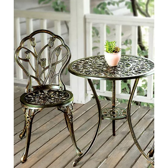 A sleek aluminum small table and chair combination that is the perfect addition to your patio or garden
