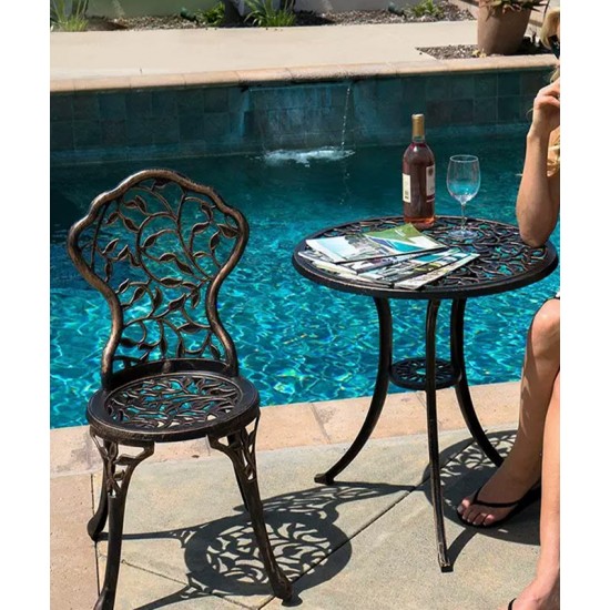 A sleek aluminum small table and chair combination that is the perfect addition to your patio or garden