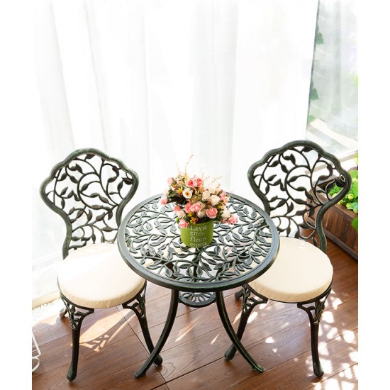 A sleek aluminum small table and chair combination that is the perfect addition to your patio or garden