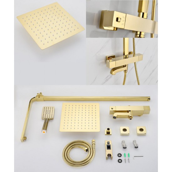 Multi-functional lifting shower column golden copper wall mounted shower system double fauced shower set