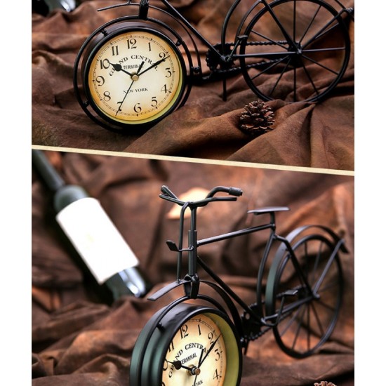 A desktop clock ornament in the shape of a bicycle with a delicate design