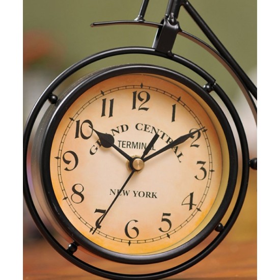 A desktop clock ornament in the shape of a bicycle with a delicate design