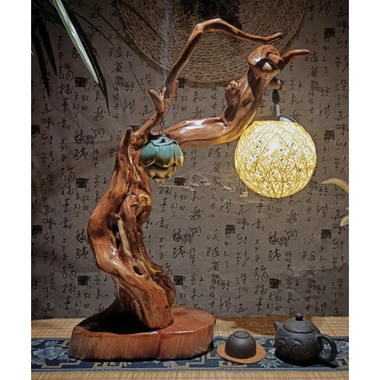 High level decoration handmade wood carved table lamp for bedrooms and living rooms, carving decoration decoration bedroom bedside lamp, natural style table lamp