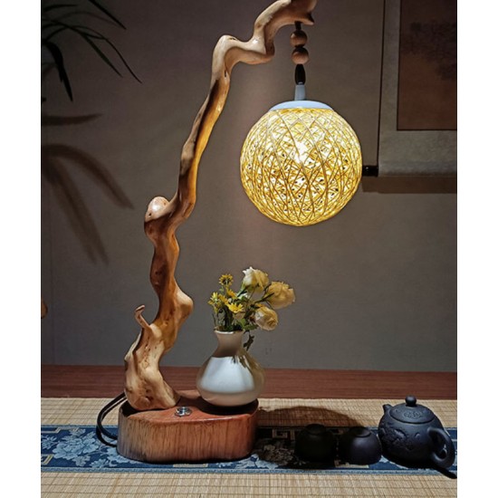 High level decoration handmade wood carved table lamp for bedrooms and living rooms, carving decoration decoration bedroom bedside lamp, natural style table lamp