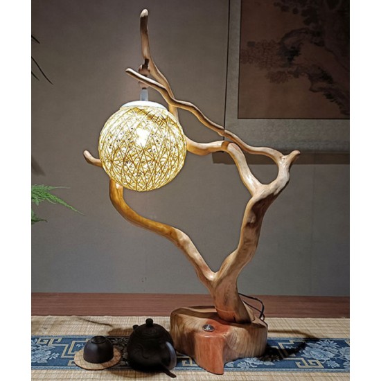 High level decoration handmade wood carved table lamp for bedrooms and living rooms, carving decoration decoration bedroom bedside lamp, natural style table lamp