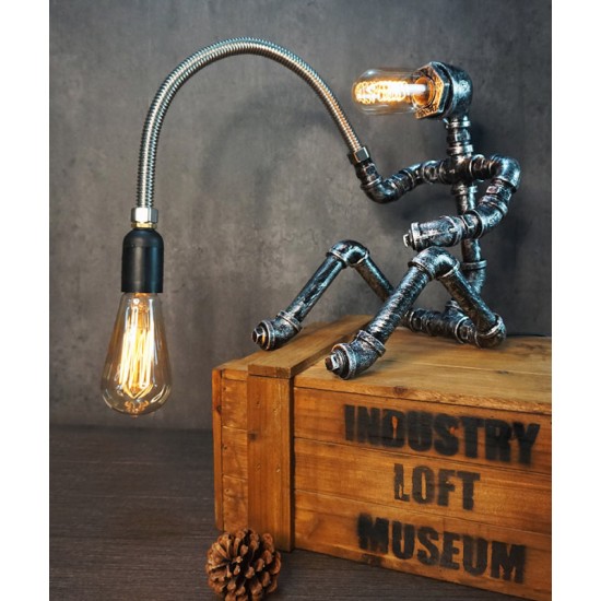 Decorative table lamp in retro style Creative loft-style plumber robot, table lamp, lamp gift, coffee bar decorative industrial lamp, eye protection creative water pipe robot