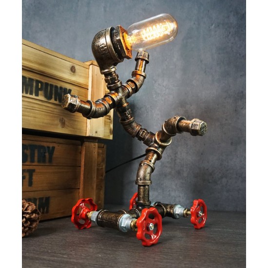 Decorative table lamp in retro style Creative loft-style plumber robot, table lamp, lamp gift, coffee bar decorative industrial lamp, eye protection creative water pipe robot