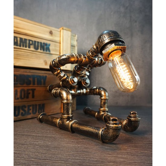 Decorative table lamp in retro style Creative loft-style plumber robot, table lamp, lamp gift, coffee bar decorative industrial lamp, eye protection creative water pipe robot