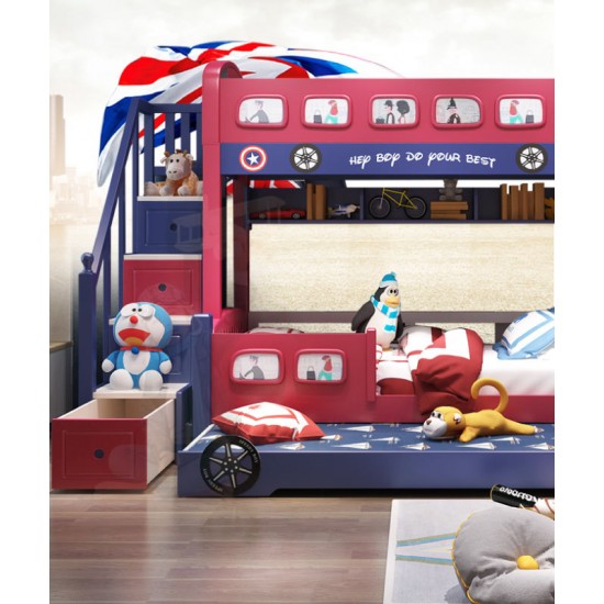 All solid wood bunk bed, two-story children's bed, upper and lower bunk wooden bed, high and low childrens bus bed