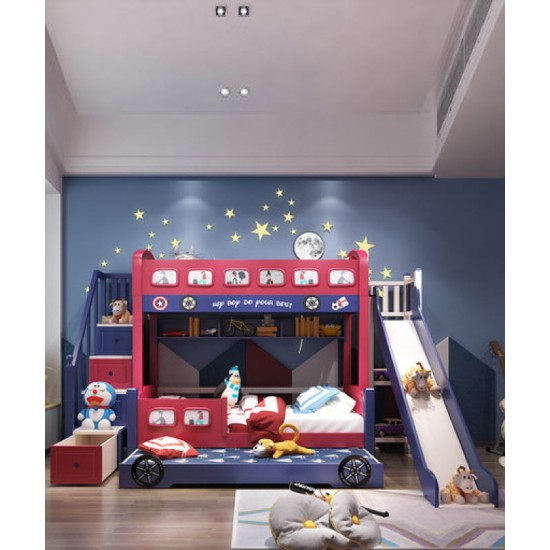 All solid wood bunk bed, two-story children's bed, upper and lower bunk wooden bed, high and low childrens bus bed