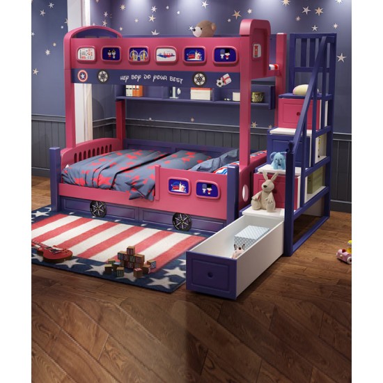 All solid wood bunk bed, two-story children's bed, upper and lower bunk wooden bed, high and low childrens bus bed