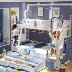 Multifunctional modern mediterranean and artistic style wooden bunk bed for boys