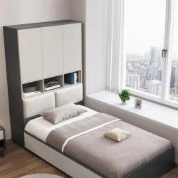 Minimalist single bed with simple wardrobe, integrated tatami bed for small apartment, multifunctional single storage bed