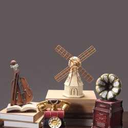 Home small decorations of white windmill, violin, gramophone and telephone in Nordic retro style 