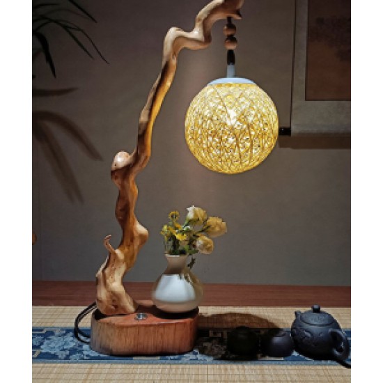 High level decoration handmade wood carved table lamp for bedrooms and living rooms, carving decoration decoration bedroom bedside lamp, natural style table lamp