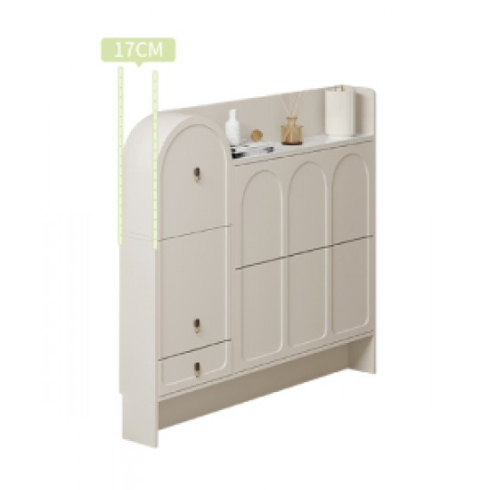 Cream-style ultra-thin shoe cabinet for narrow corridors slim cabinet with stool high quality texture unique arched doors design