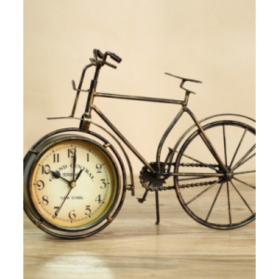 A desktop clock ornament in the shape of a bicycle with a delicate design